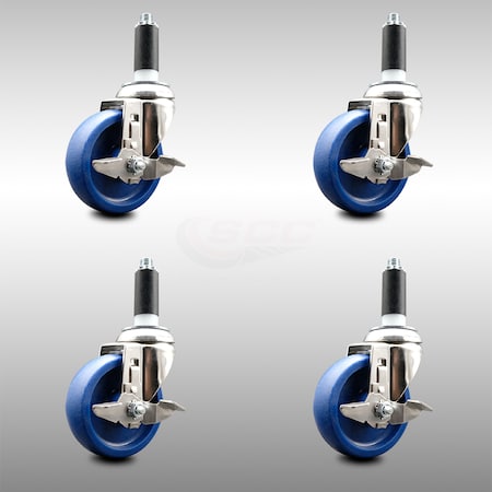 4 Inch 316SS Solid Poly Swivel 1 Inch Expanding Stem Caster Set Brake SCC